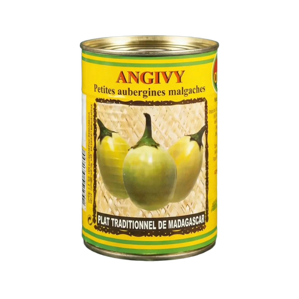 Boîte de conserve jaune Angivy, "Petites aubergines malgaches", plat traditionnel de Madagascar.