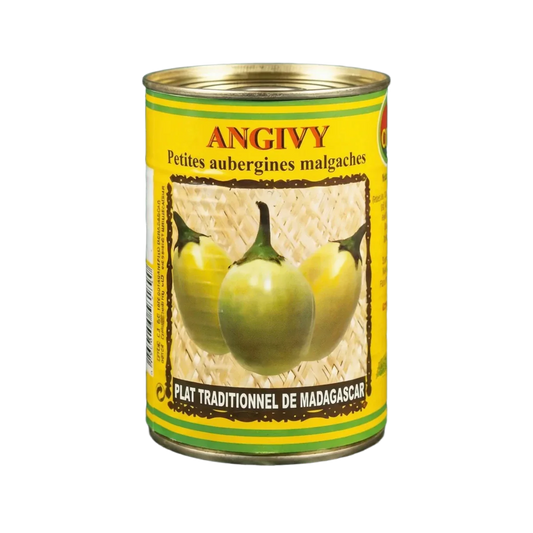 Boîte de conserve jaune Angivy, "Petites aubergines malgaches", plat traditionnel de Madagascar.
