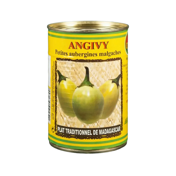 Boîte de conserve jaune Angivy, "Petites aubergines malgaches", plat traditionnel de Madagascar.