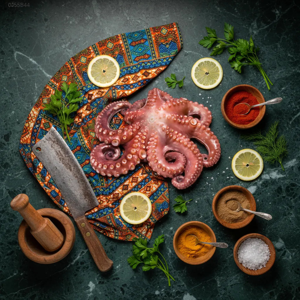 Poulpe cuit congelé Chatrou présenté avec épices et herbes fraîches sur planche de cuisine. Parfait pour cuisine créative et savoureuse.