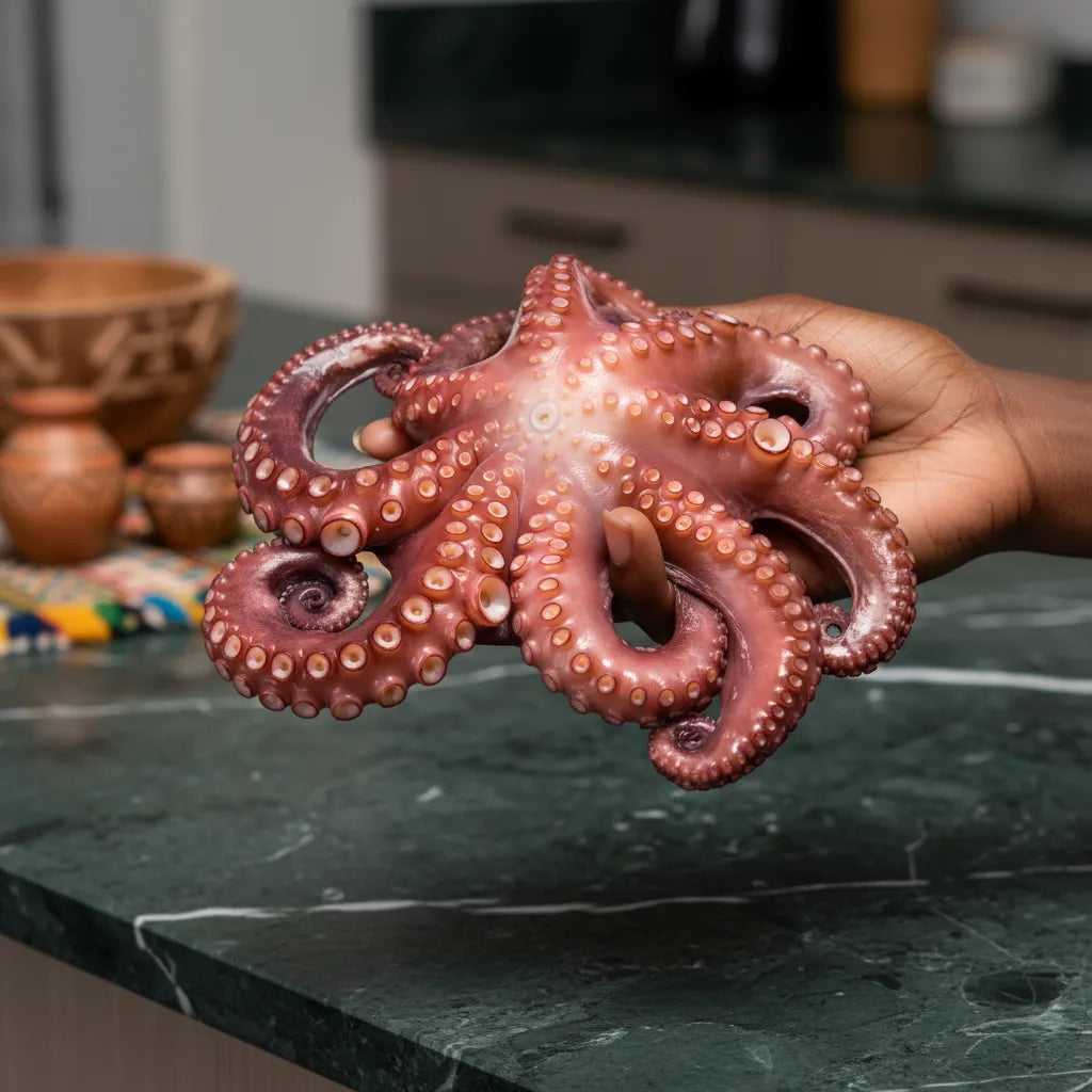 Poulpe cuit congelé Chatrou tenu à la main, montrant sa fraîcheur et praticité. Idéal pour préparation rapide de fruits de mer.