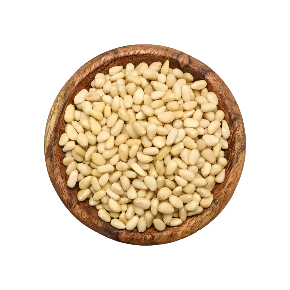 Bol en bois rempli de pignons de pin PROFRUIT, graines comestibles à texture tendre parfaites pour salades, sauces ou desserts.