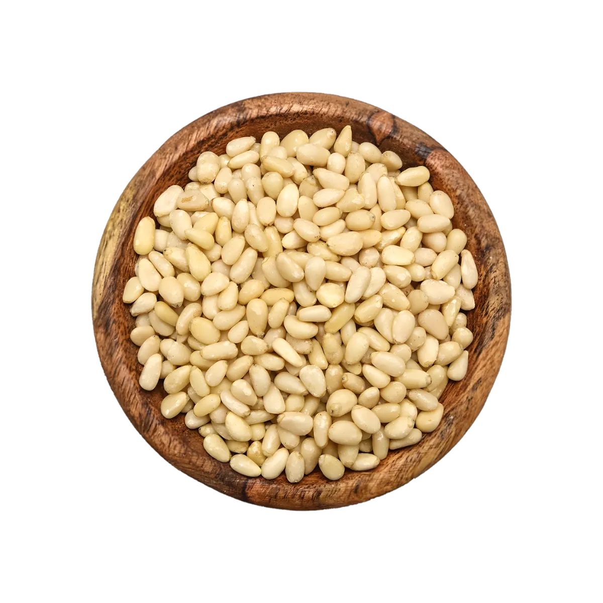 Pignons de pin PROFRUIT présentés dans un bol en bois, texture tendre et goût délicat, parfaits pour recettes sucrées ou salées - NKOSI.
