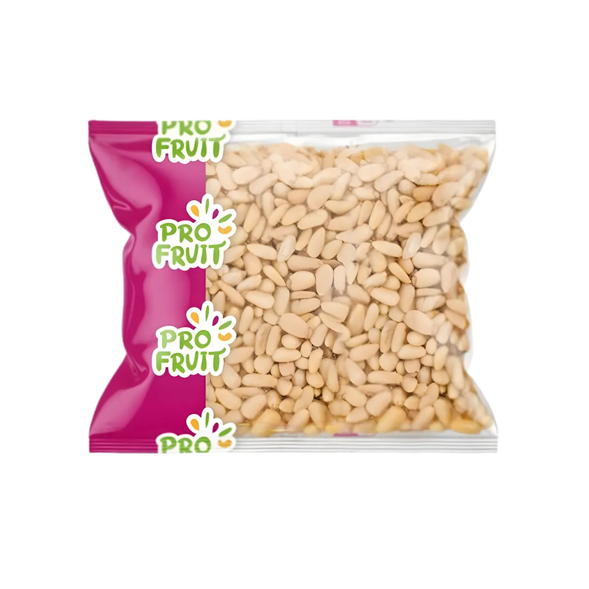 Pignons de pin PROFRUIT en sachet transparent avec étiquette rose, FRUITS / LÉGUME / PLANTE SEC - NKOSI, graines comestibles prêtes à l'emploi.