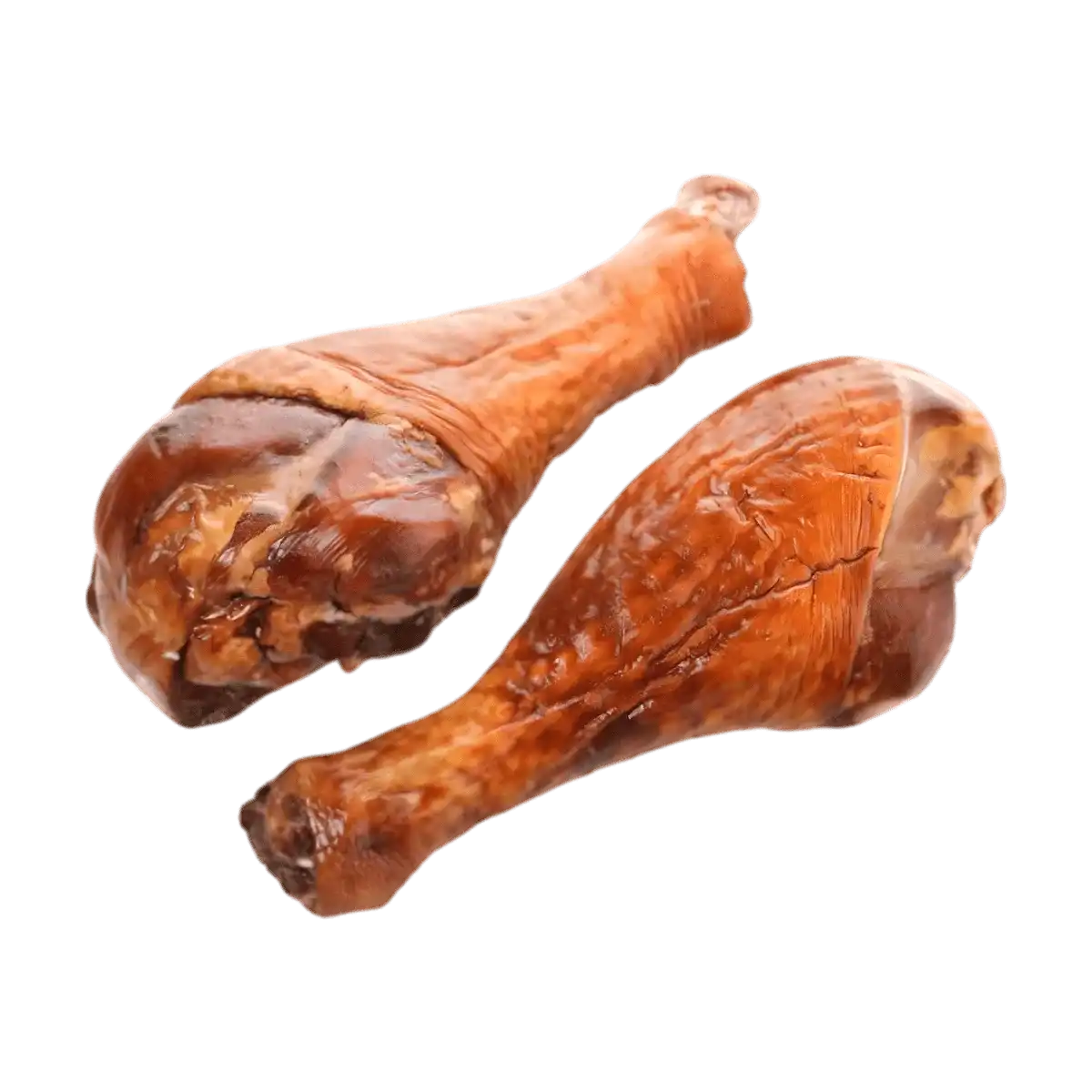 Deux pilons de dinde fumée sur fond neutre, parfaits pour cuisson au four ou grillade. Produit de volaille savoureux et prêt à l’emploi.