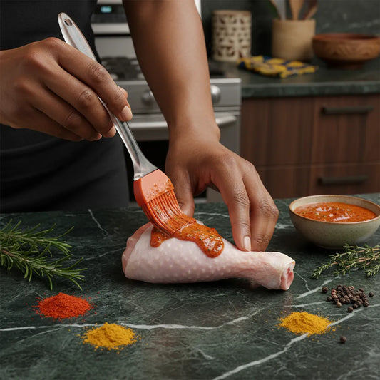 Pilon de poulet halal surgelé en cours de marinade avec sauce épicée, prêt à cuisiner pour un plat de volaille tendre et savoureux.