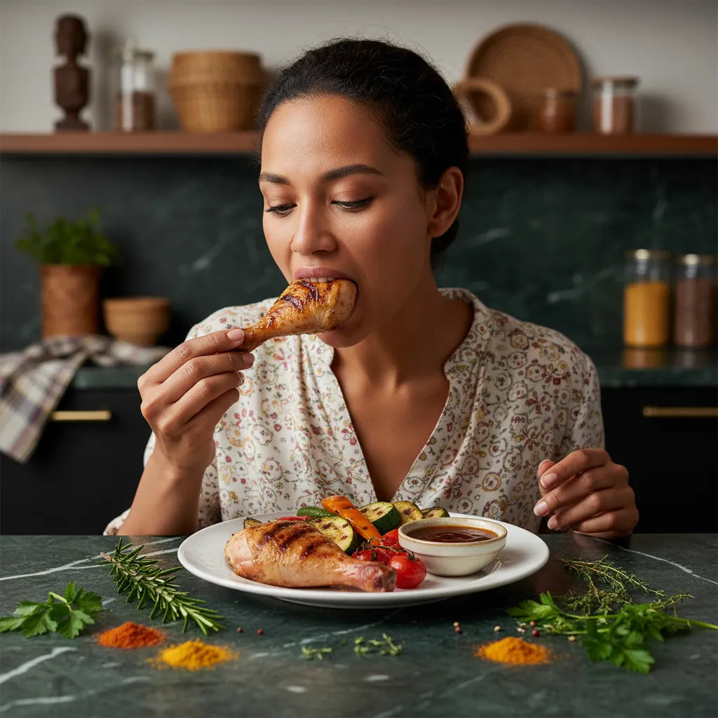 Femme dégustant un pilon de poulet halal grillé accompagné de légumes, illustrant un repas prêt à cuisiner à base de volaille tendre.