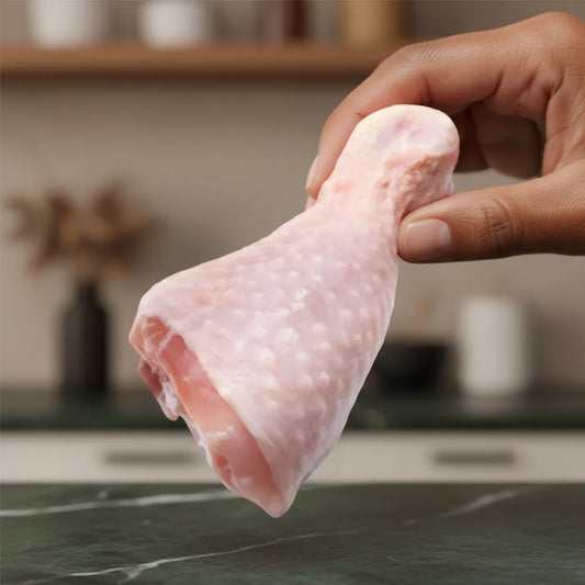 Main tenant un pilon de poulet halal surgelé prêt à cuisiner, parfait pour une préparation rapide et savoureuse de volaille tendre.