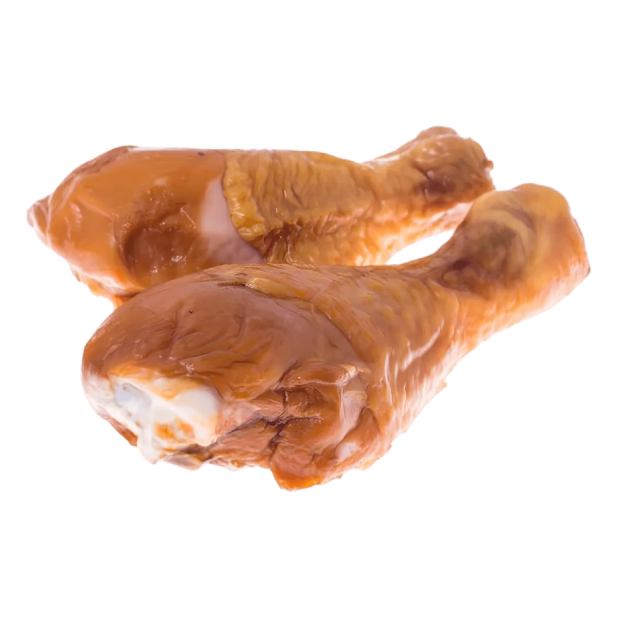 Deux pilons de poulet fumés prêts à cuisiner, issus de volaille surgelée. Idéal pour recettes savoureuses et pratiques au goût fumé.