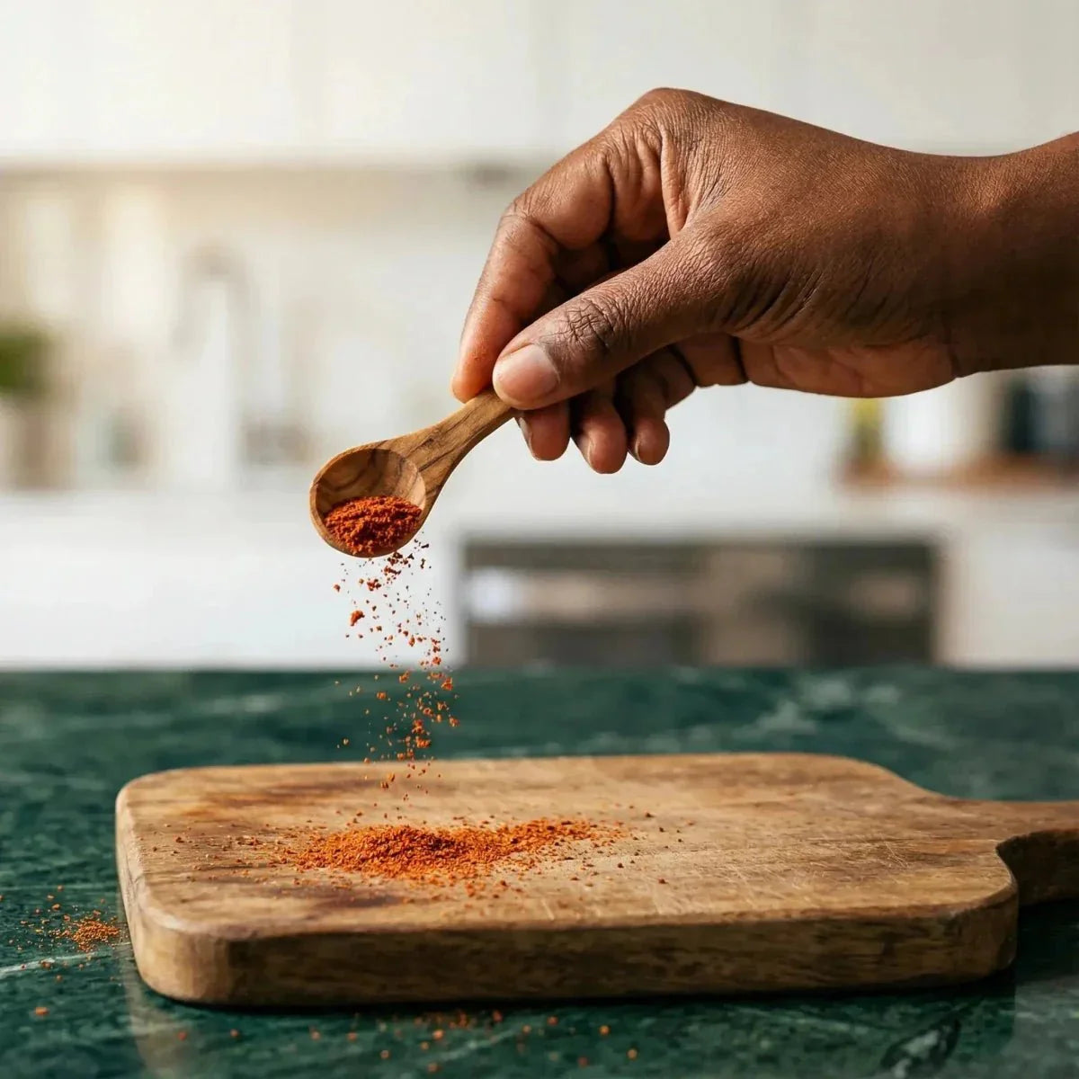 Mann hält einen Löffel Akpi-Kablè NUMBER ONE 100g Chili über einem Schneidebrett.