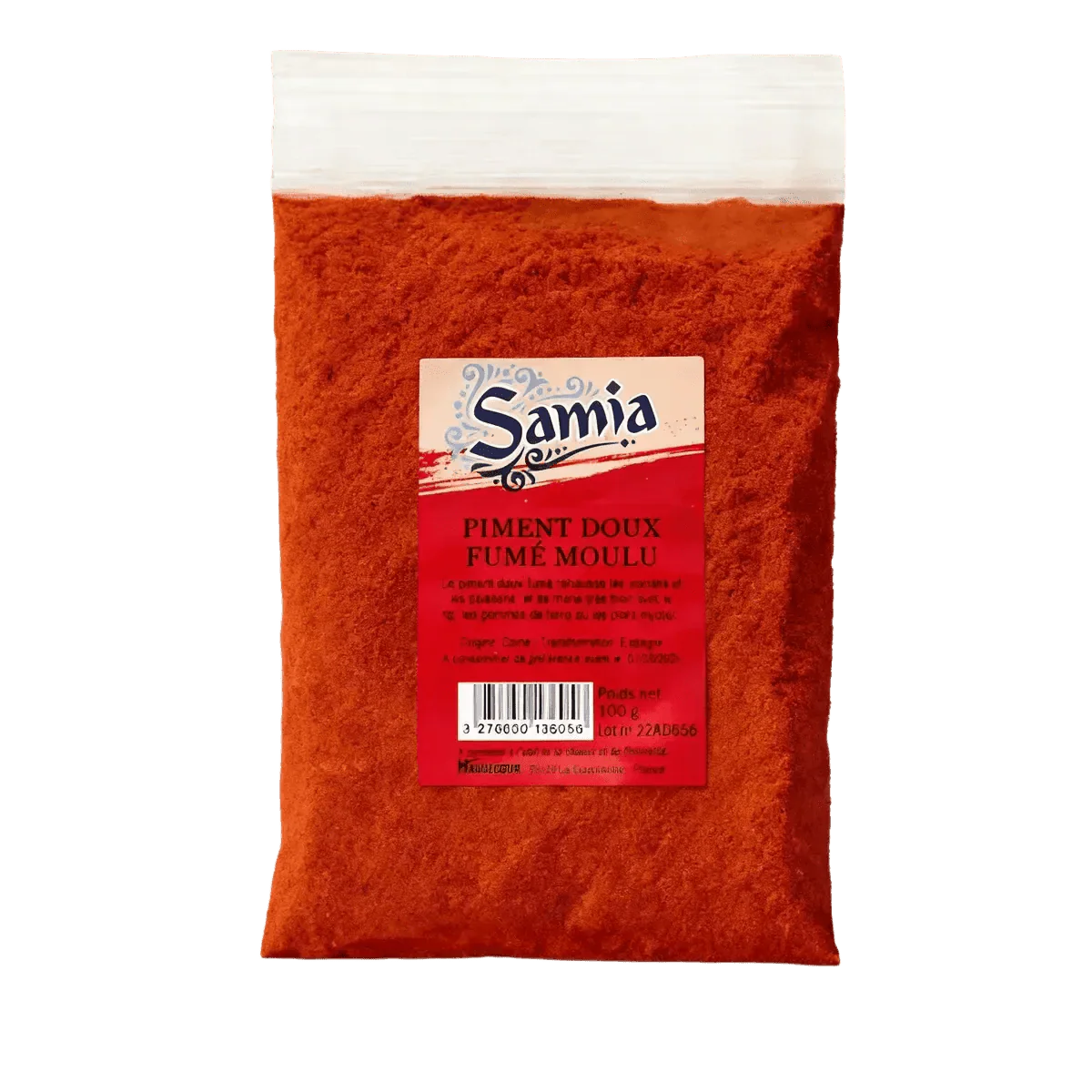 Bolsa de pimiento dulce ahumado molido SAMIA, especia roja en primer plano.