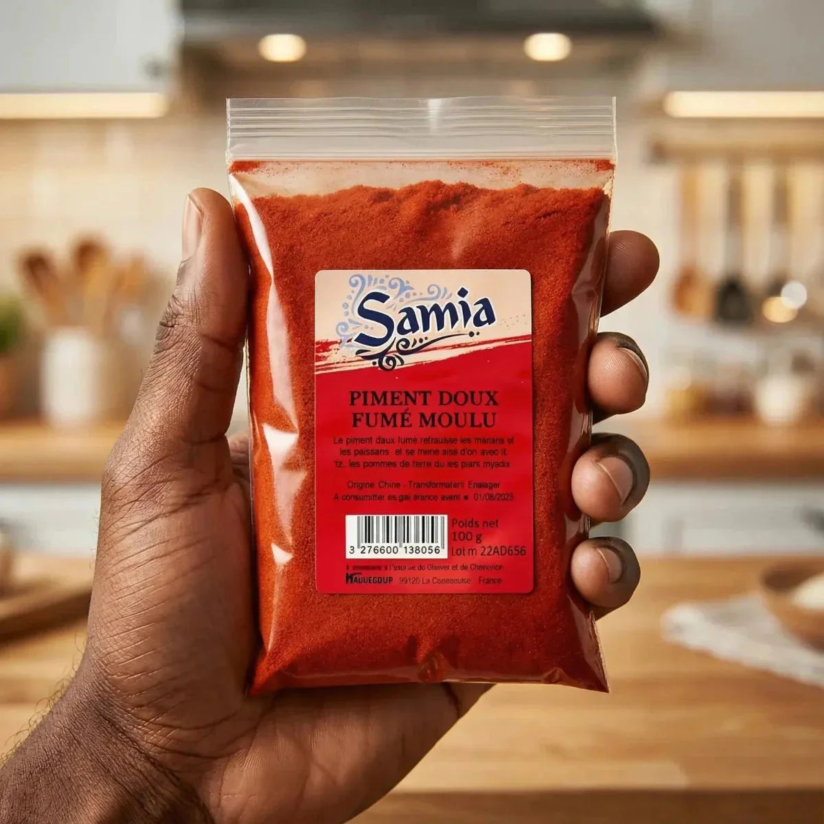 Una bustina di peperoncino dolce affumicato macinato Samia è tenuta in una mano davanti a uno sfondo di cucina.