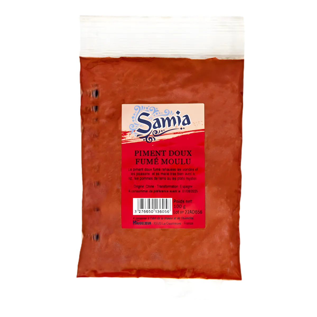 Piment doux fumé moulu SAMIA en sachet de 100g, épice de l'épicerie salée NKOSI au goût fumé intense pour assaisonner viandes et légumes.