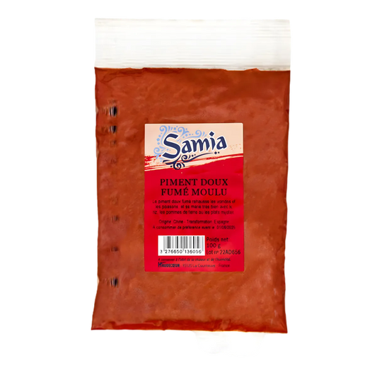 Piment doux fumé moulu SAMIA en sachet de 100g, épice de l'épicerie salée NKOSI au goût fumé intense pour assaisonner viandes et légumes.