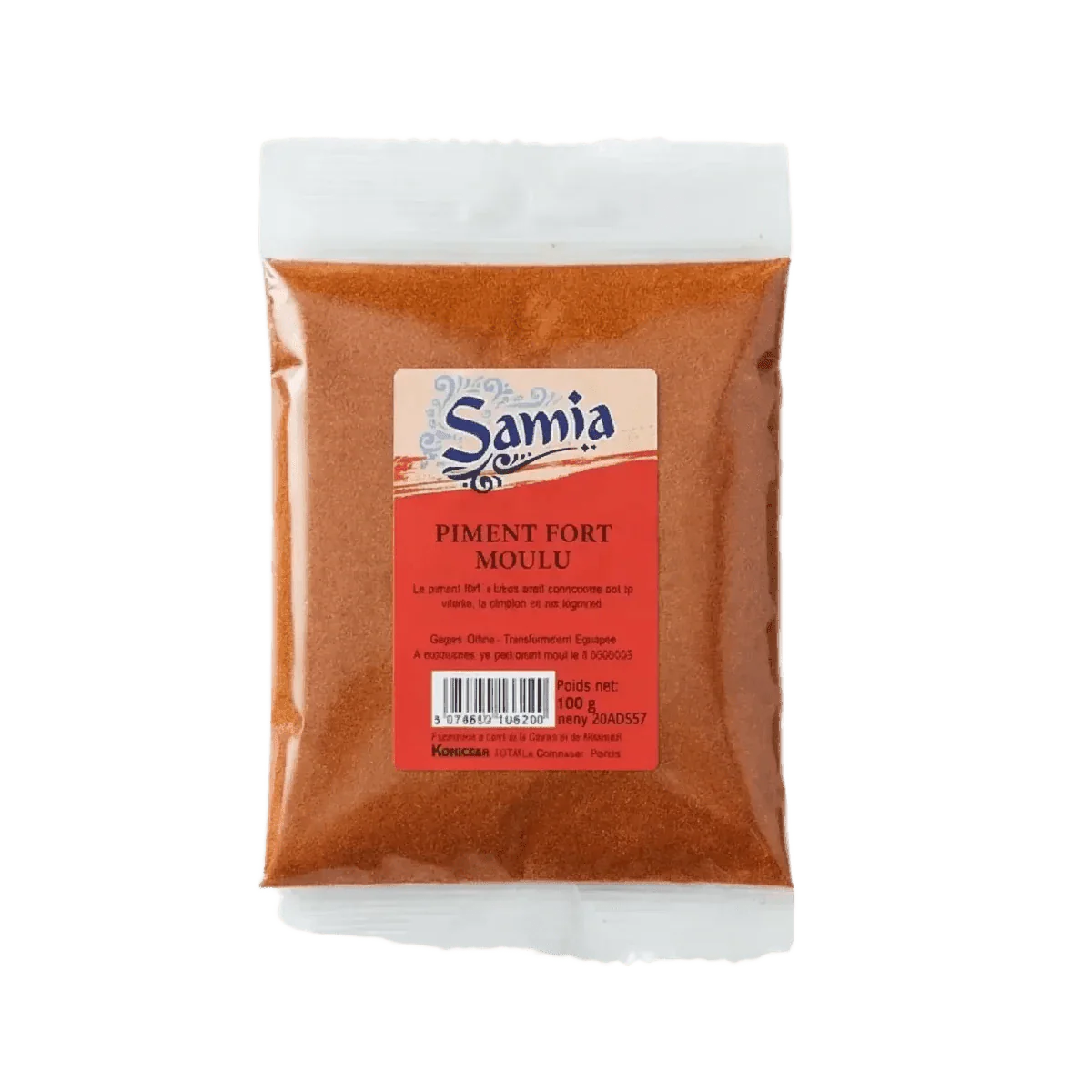 Bolsa de chile picante molido SAMIA, especia culinaria sobre fondo liso.