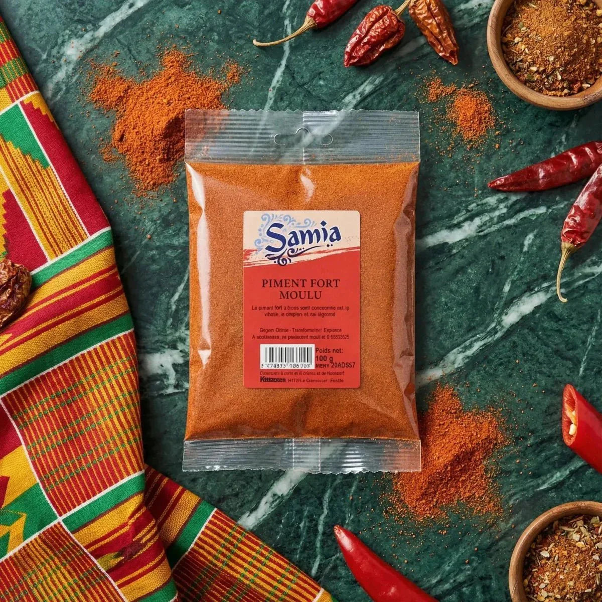 Ground hot chili SAMIA on a marble table with spices and traditional African fabric.