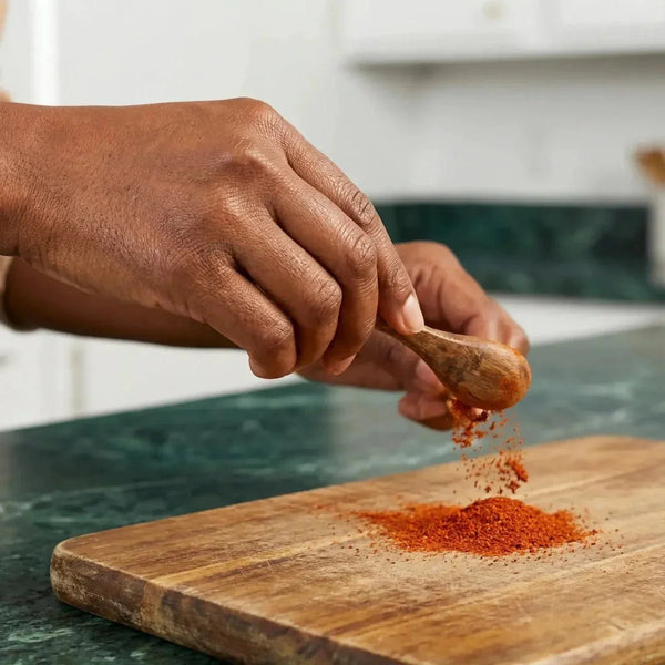 Piment fort moulu SAMIA versé d'une cuillère en bois sur une planche à découper.