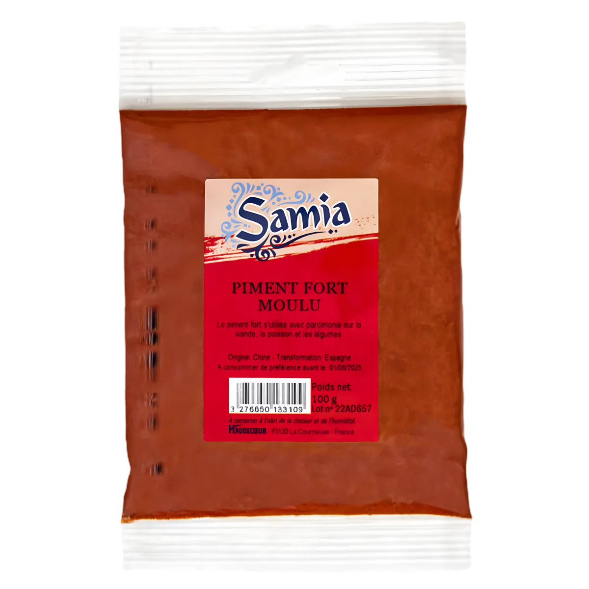 Piment fort moulu SAMIA en sachet de 100g, épice rouge intense idéale pour relever sauces et plats mijotés - ÉPICERIE SALÉE - NKOSI.