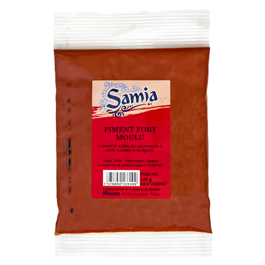 Piment fort moulu SAMIA en sachet de 100g, épice rouge intense idéale pour relever sauces et plats mijotés - ÉPICERIE SALÉE - NKOSI.