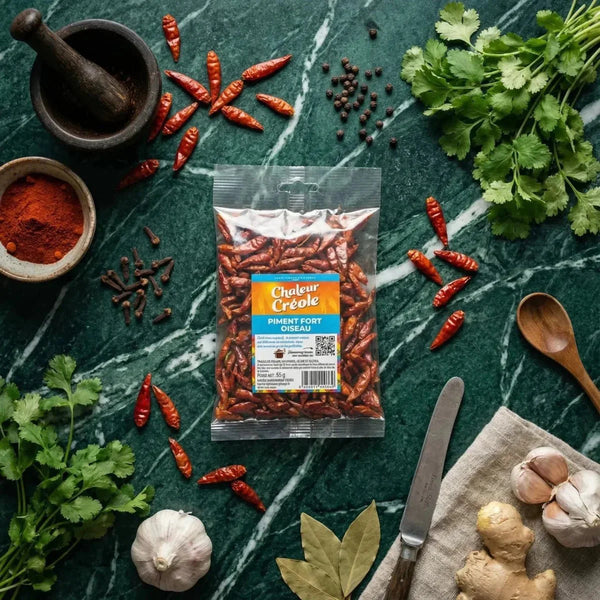 Piments forts oiseau CHALEUR CREOLE 50g vert marbré avec épices, ail, gingembre, mortier et pilon.
