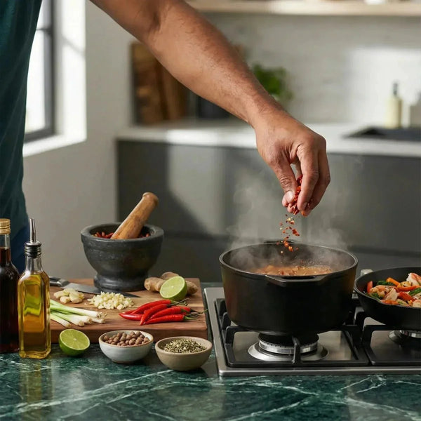 Piment fort oiseau CHALEUR CREOLE. Homme cuisinant, ajoutant des épices dans un plat mijoté.