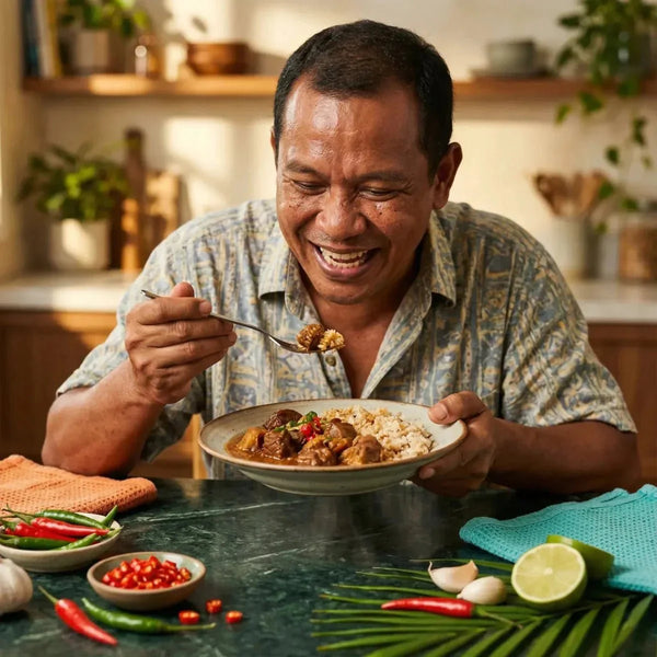 Un homme souriant mange un plat épicé. Piments CHALEUR CREOLE à côté, ail, citron vert.