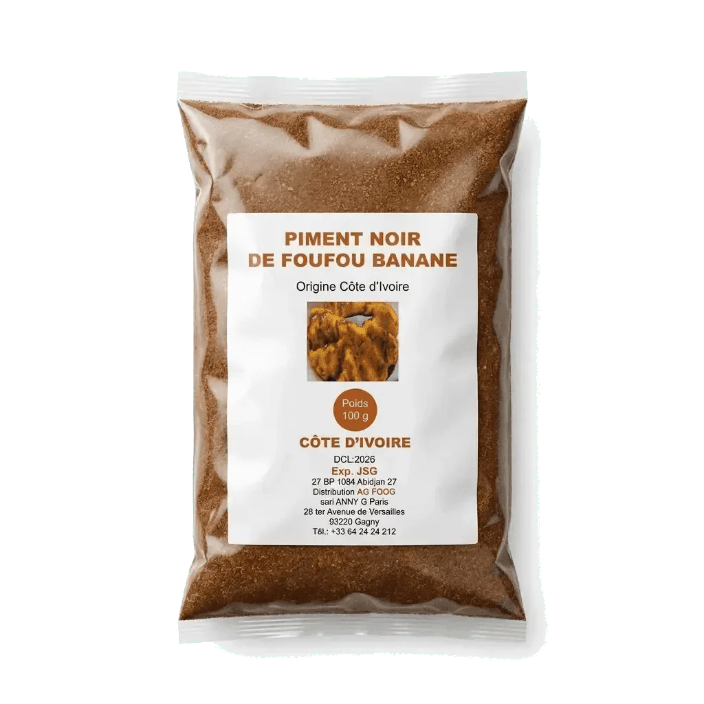 Weißer Beutel mit schwarzem Pfeffer für Foutou Banane, 100g, Herkunft Elfenbeinküste. Marke nicht sichtbar.