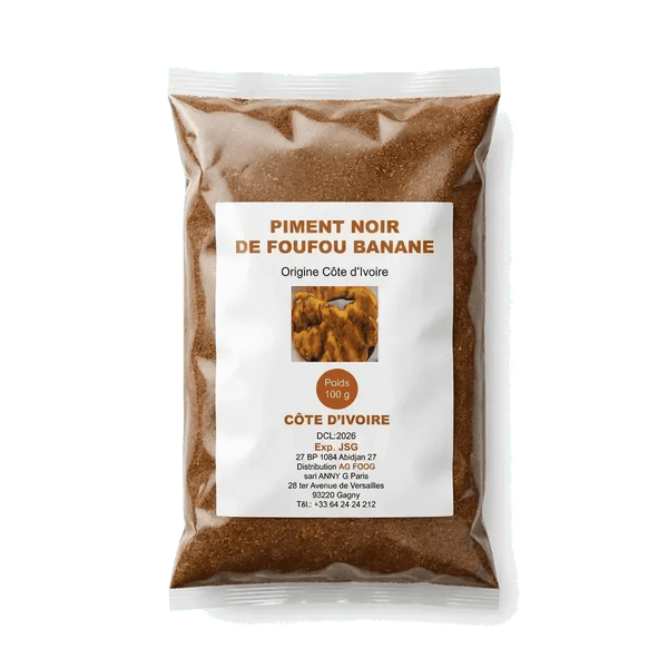 White sachet of Black Pepper for Foutou Banana, 100g, origin Ivory Coast. Brand not visible.