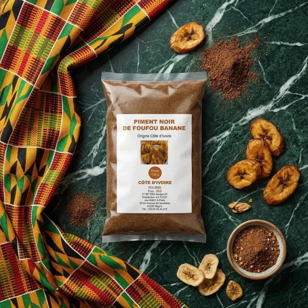 Black Pepper Foutou Banana Ivory Coast. Spice sachet, dried plantain banana.