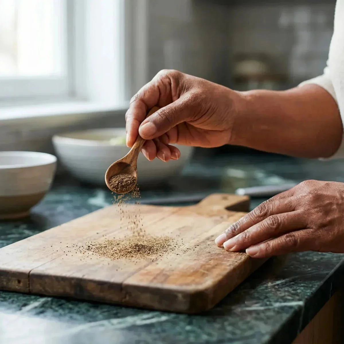 Schwarzer Pfeffer für Foutou Banane — 100g. Hand streut Gewürze auf ein Holzschneidebrett.