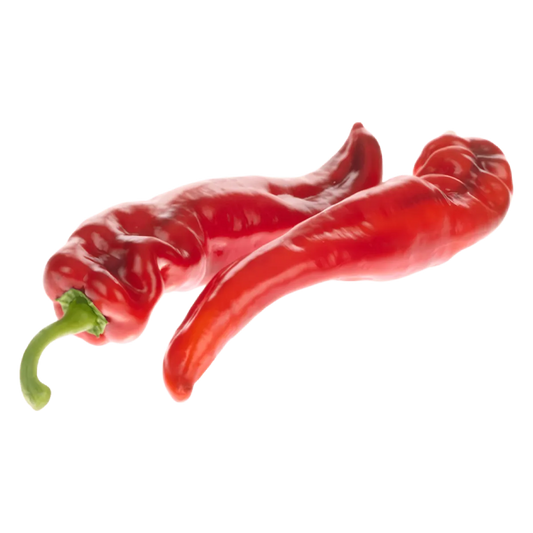 Deux piments rouges doux frais, parfaits pour rehausser vos recettes sans piquant. Ingrédient polyvalent en cuisine méditerranéenne ou asiatique.