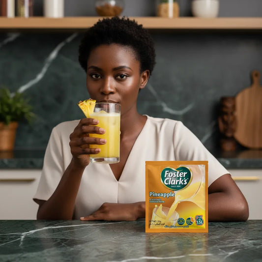 Femme dégustant un verre de jus ananas préparé avec FOSTER CLARKS, boisson exotique en poudre à la saveur rafraîchissante.