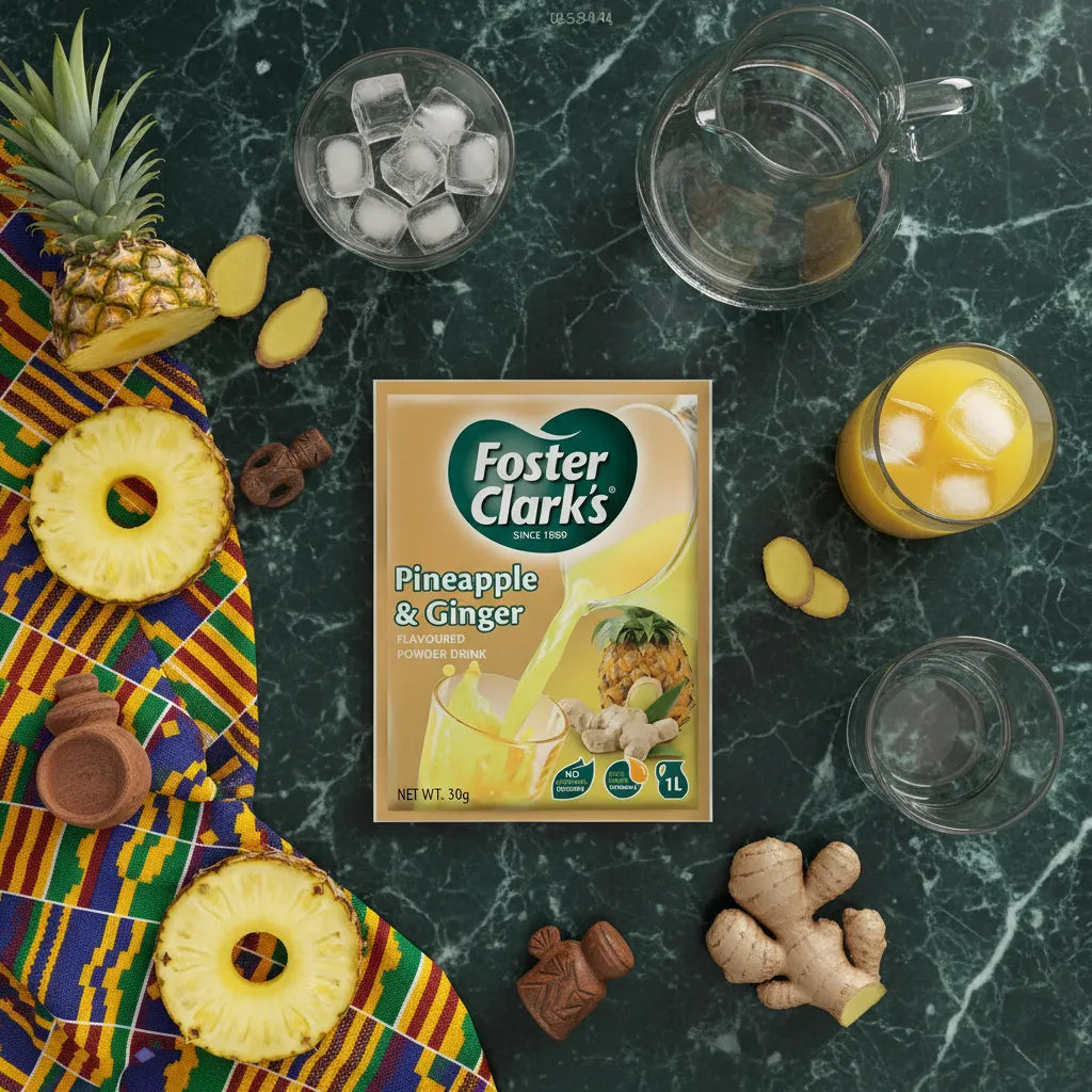 Sachet de jus poudre ananas gingembre FOSTER CLARKS entouré d’ingrédients frais sur fond marbré. Boisson pratique et fruitée à reconstituer.