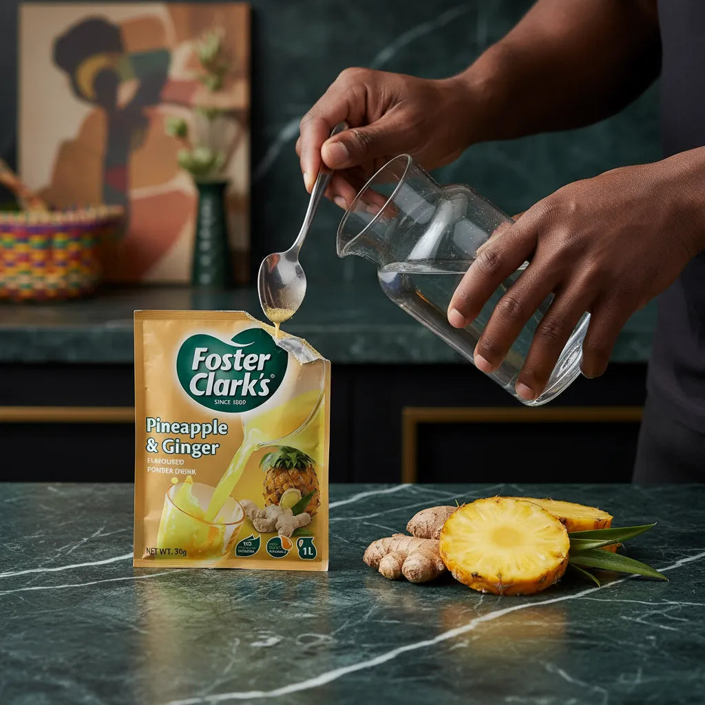 Préparation du jus poudre ananas gingembre FOSTER CLARKS avec eau dans une carafe. Boisson instantanée idéale pour une consommation rapide.