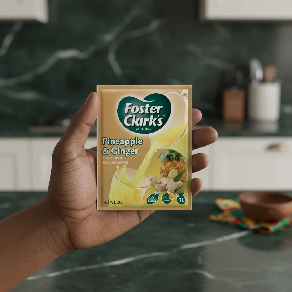 Sachet de jus poudre ananas gingembre FOSTER CLARKS tenu en main dans une cuisine moderne. Boisson en poudre facile à emporter et à préparer.