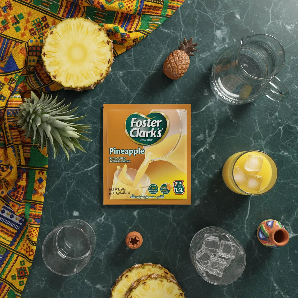 Sachet de jus en poudre ananas FOSTER CLARKS posé sur une table décorée avec ananas frais et verres, boisson exotique en poudre.