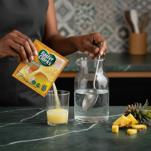 Préparation du jus en poudre ananas FOSTER CLARKS avec eau et cuillère, boisson instantanée à base de poudre fruitée.