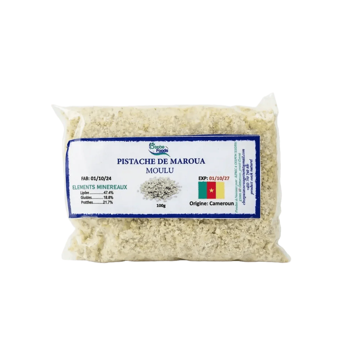 Zak gemalen pistachenoten uit Maroua van Bebe Foods: mineraalsamenstelling, houdbaarheidsdatum.