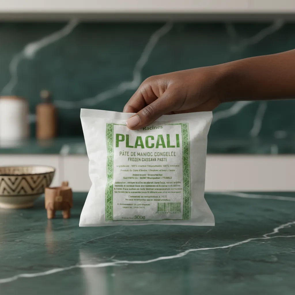 Placali surgelé - Manioc traditionnel en sachet de 300g tenu à la main, pâte végétale surgelée prête à l’emploi pour plats africains.