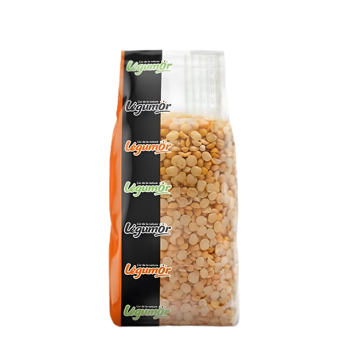 Pois cassé jaune LEGUMOR en sachet hermétique transparent, idéal pour l'épicerie salée et les plats nutritifs. Produit sec de la gamme NKOSI.
