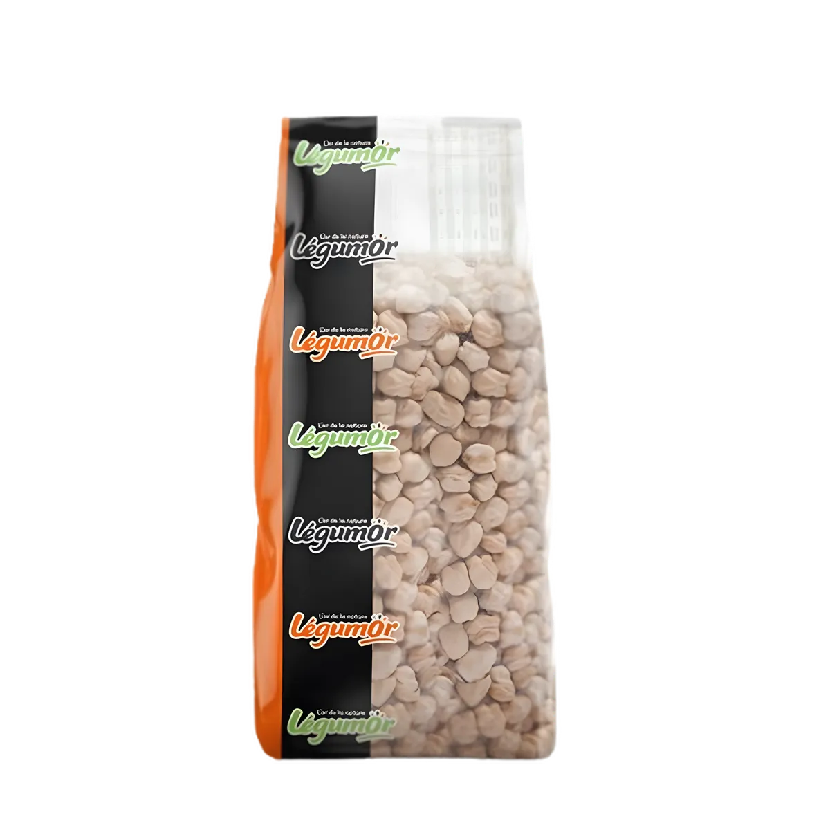 Pois chiches 9mm LEGUMOR en sachet transparent, légumineuses de calibre uniforme idéales pour l'épicerie salée sur NKOSI.