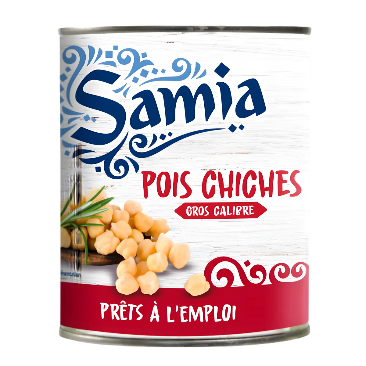 Boîte de pois chiches en conserve SAMIA gros calibre, prêt à l’emploi, idéale pour l'épicerie salée sur NKOSI. Emballage hermétique pratique.