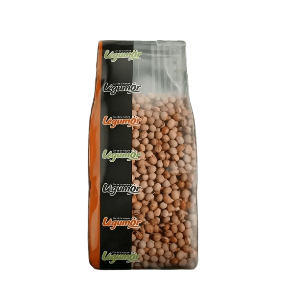 Sachet de pois d'Angole Legumor, 1 kg, avec étiquette orange et noire.