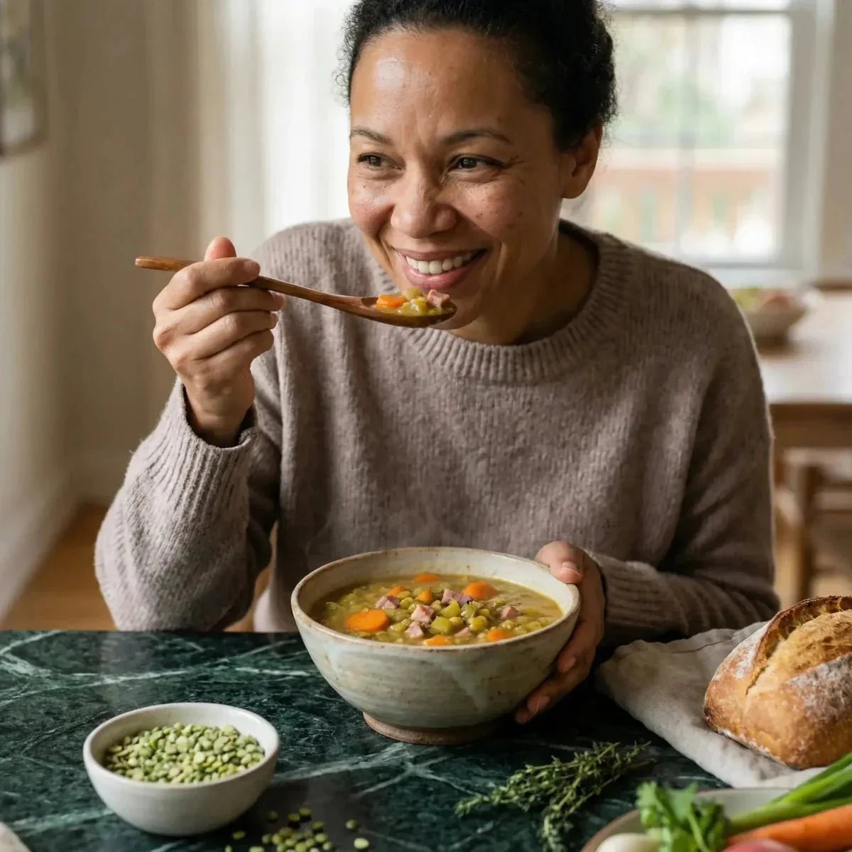 Una donna gusta una zuppa di piselli LEGUMOR. Ciotola di piselli spezzati, pane.