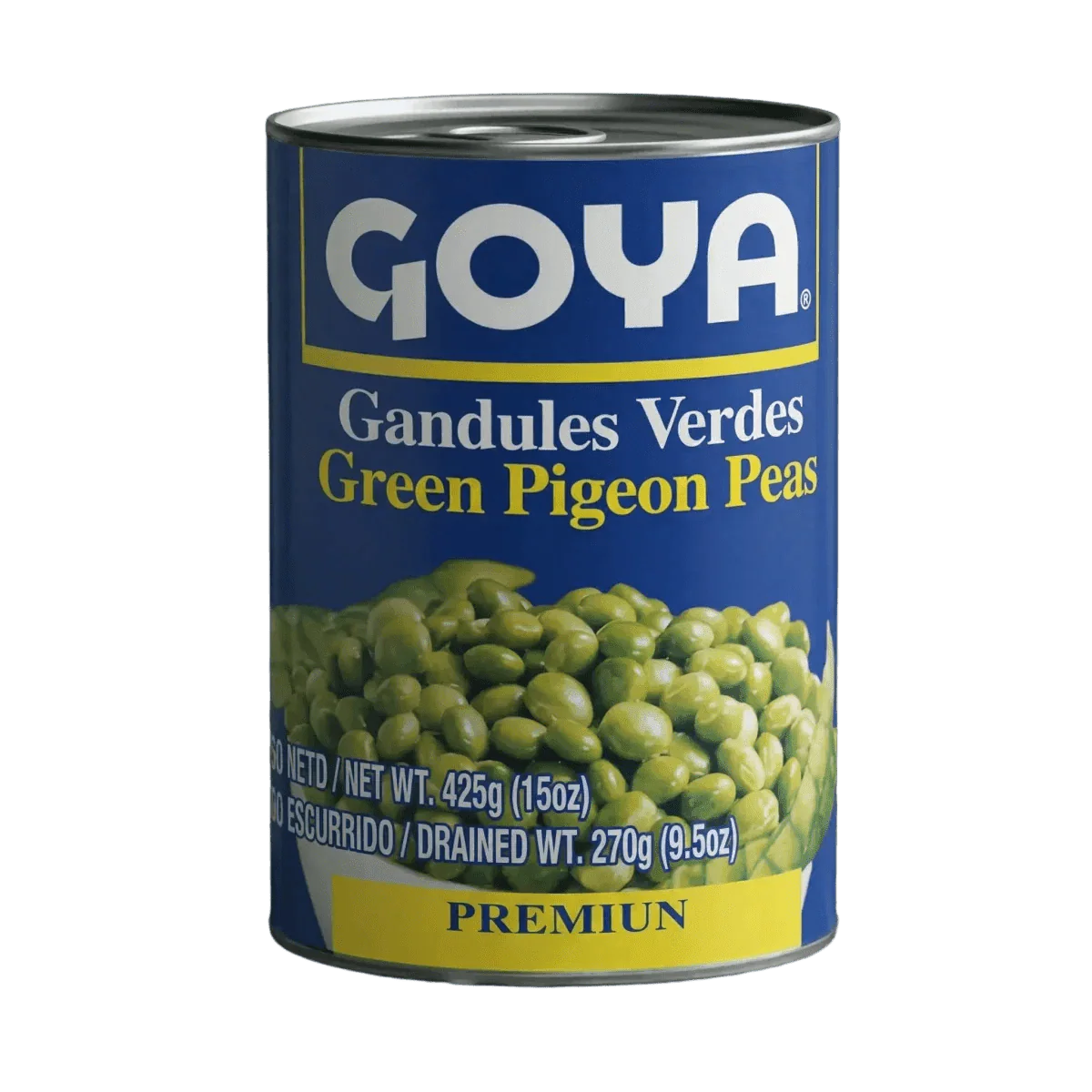 Blue GOYA can of green pigeon peas. Bilingual label (Spanish and English).