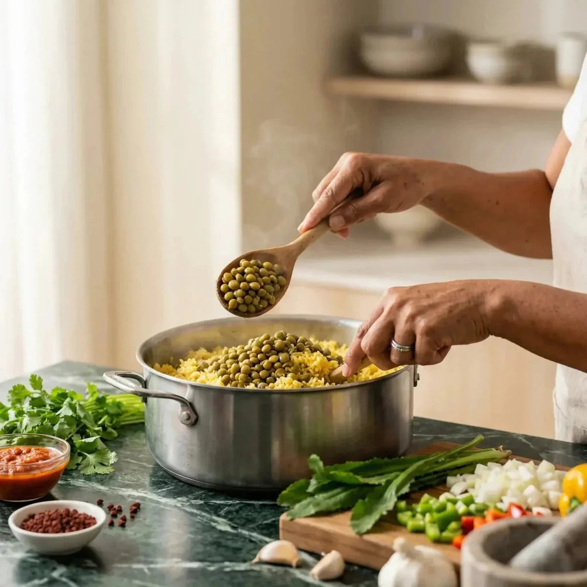 Grüne Goya-Kichererbsen, die einem Gericht beim Kochen hinzugefügt werden.