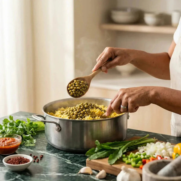 Grüne Goya-Kichererbsen, die einem Gericht beim Kochen hinzugefügt werden.