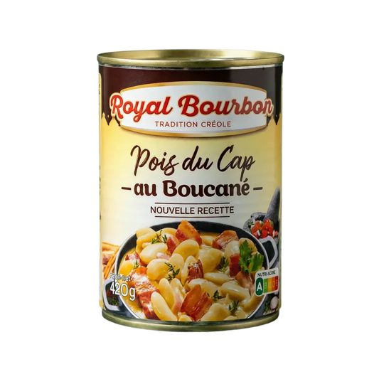 Royal Bourbon canned box "Smoked Cape Peas." Close-up of a prepared dish.