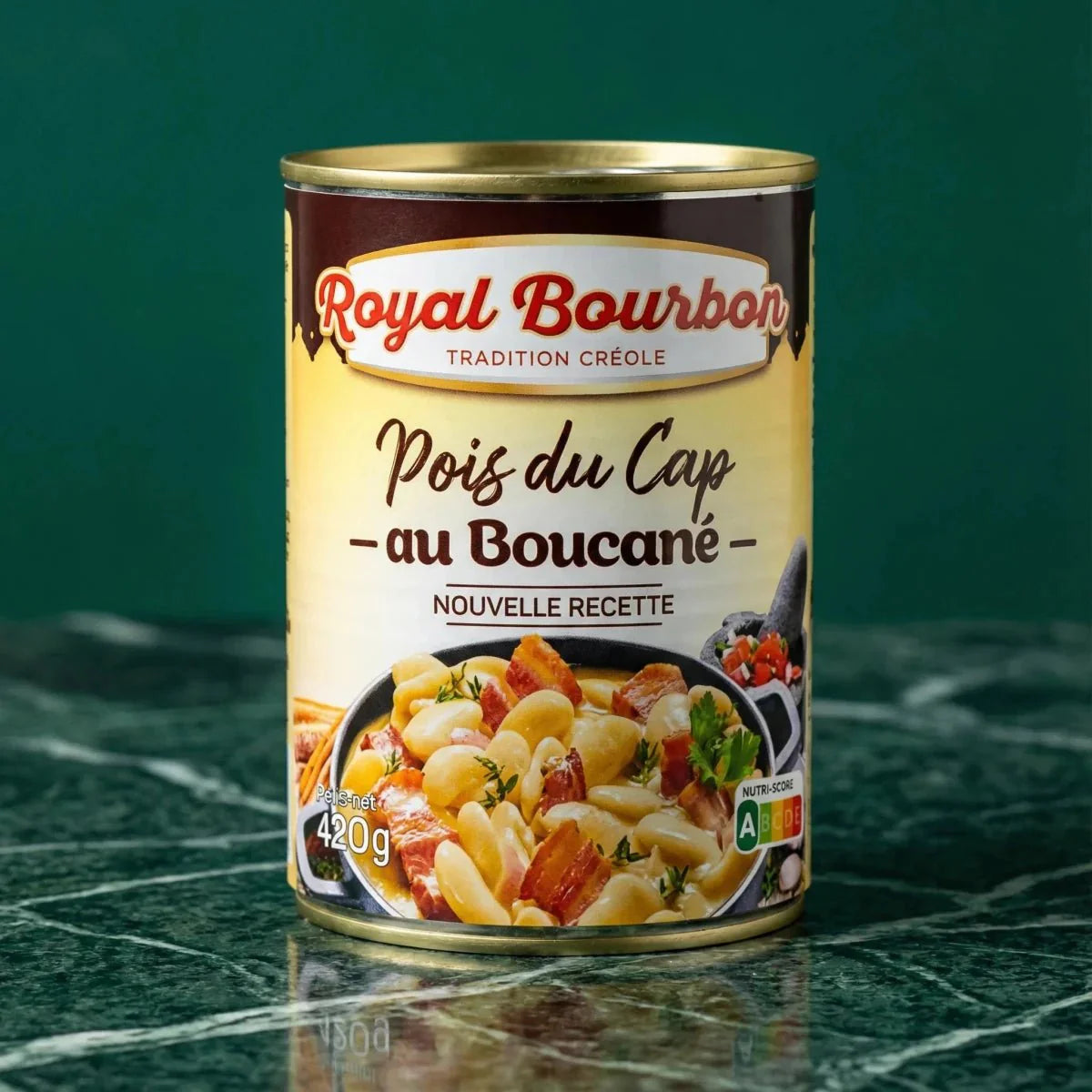 Conserve de pois du cap au boucané de Royal Bourbon, avec une illustration du plat préparé.
