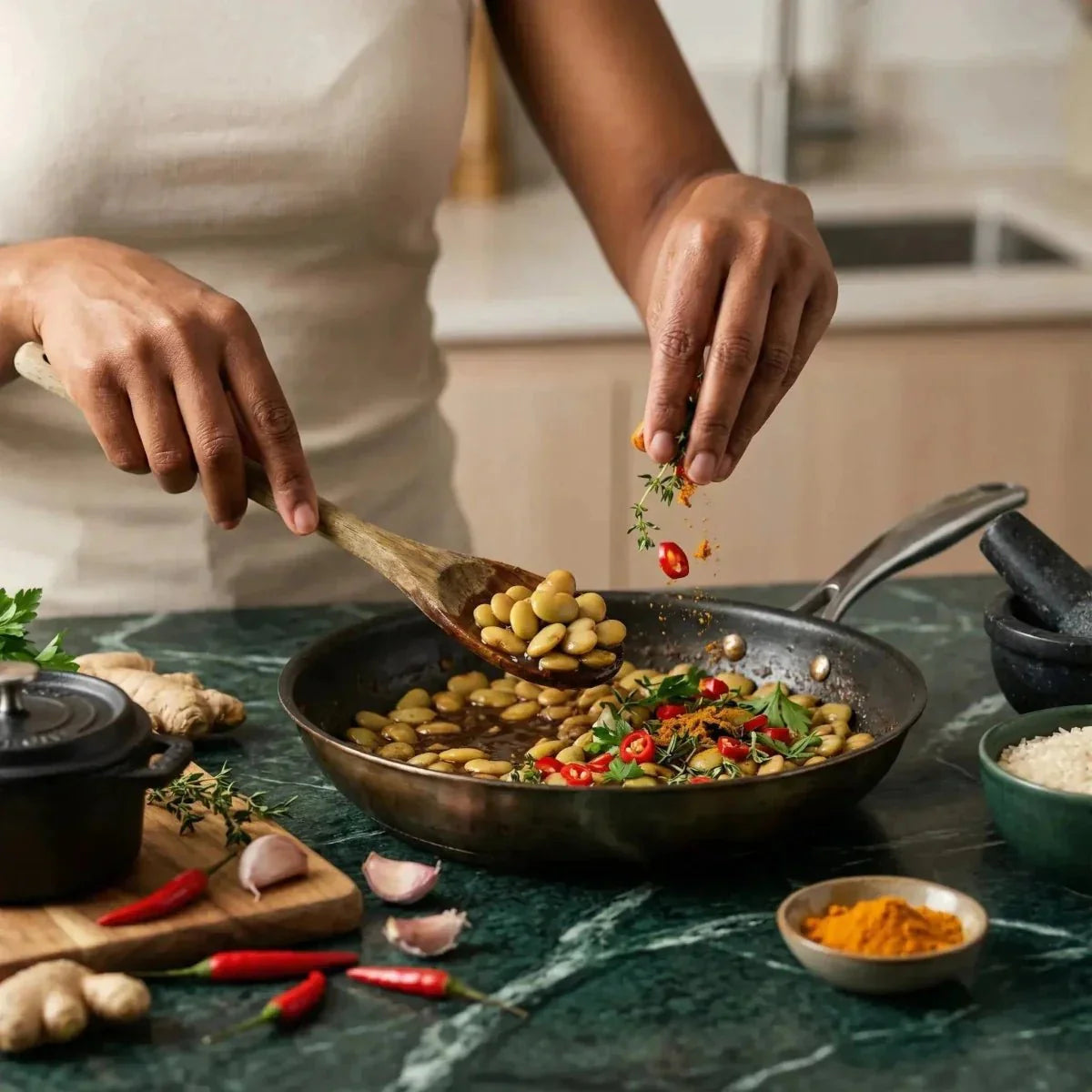 ROYAL BOURBON, Piselli del Capo cucinati. Preparazione di un piatto creolo con condimenti, erbe.